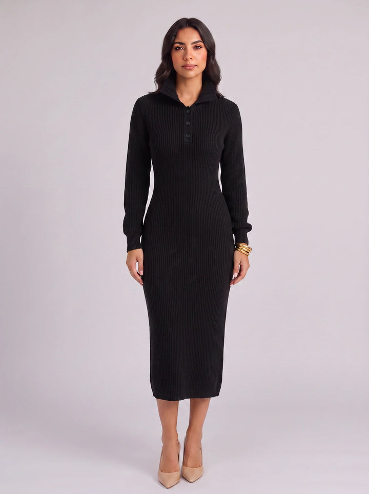 Costella Ribbed Polo Collar Midi Dress – Knit Sweater Women Casual Long Sleeve Button Neck Midi Dress