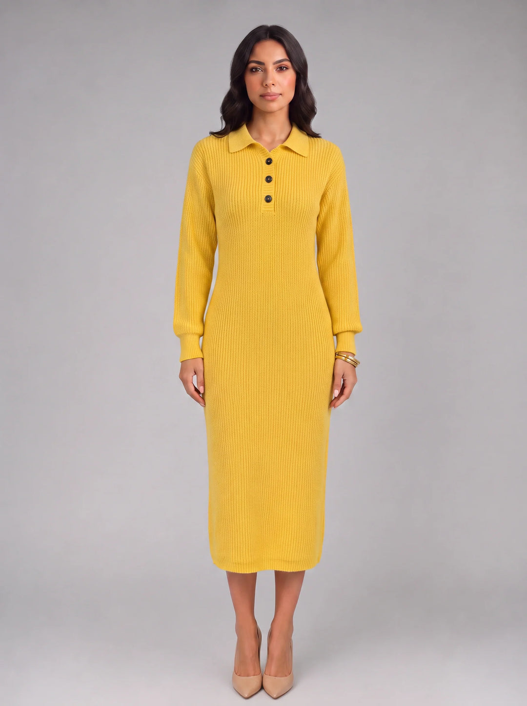 Costella Ribbed Polo Collar Midi Dress – Knit Sweater Women Casual Long Sleeve Button Neck Midi Dress