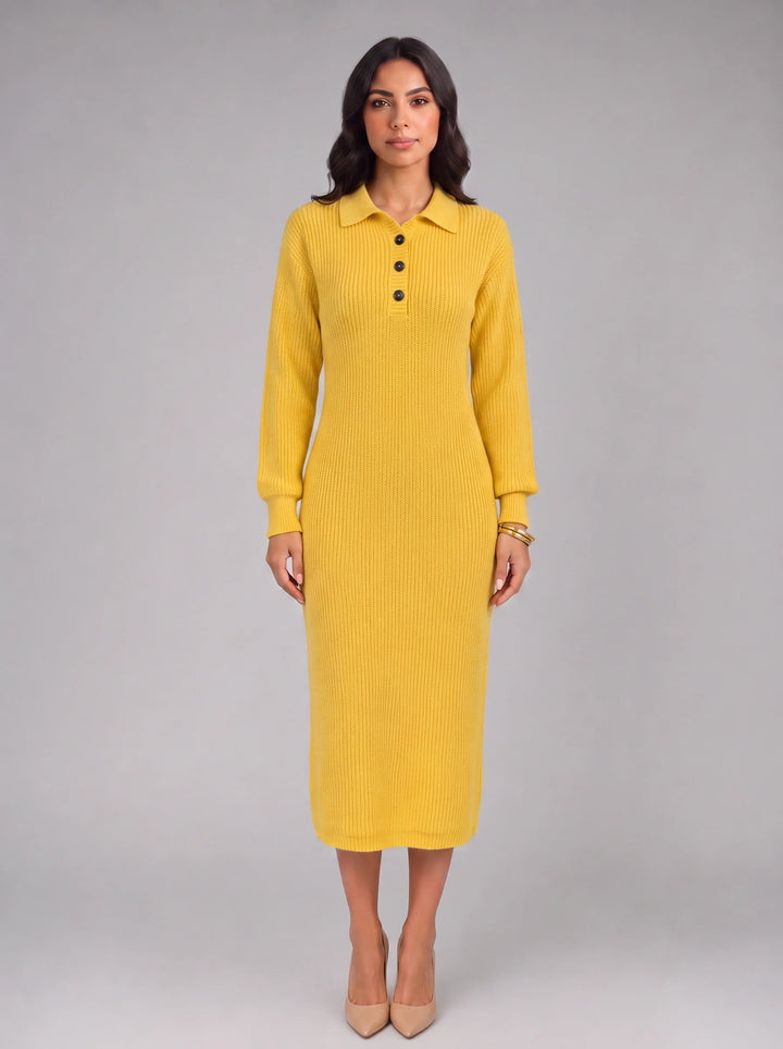 Costella Ribbed Polo Collar Midi Dress – Knit Sweater Women Casual Long Sleeve Button Neck Midi Dress