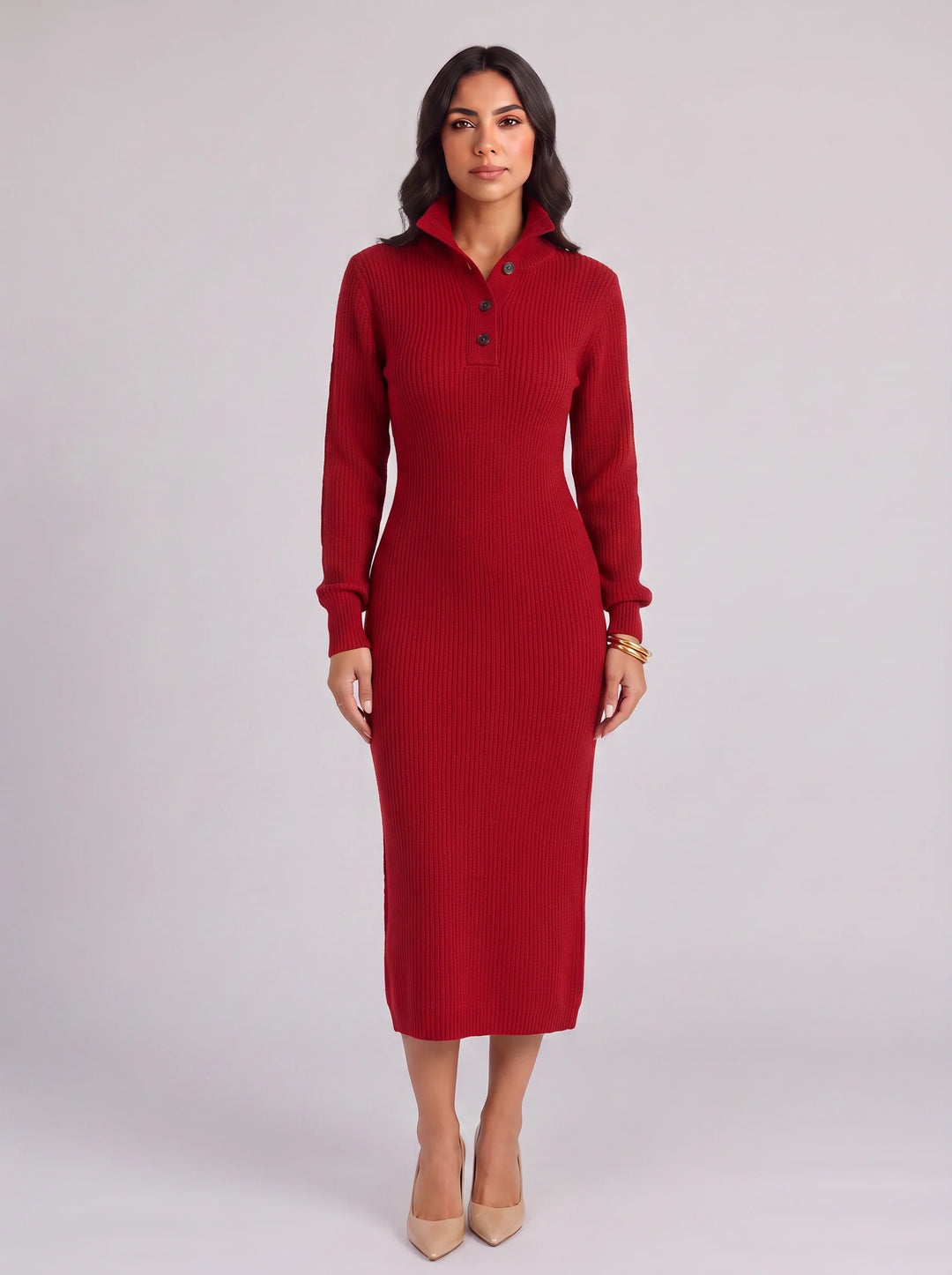 Costella Ribbed Polo Collar Midi Dress – Knit Sweater Women Casual Long Sleeve Button Neck Midi Dress