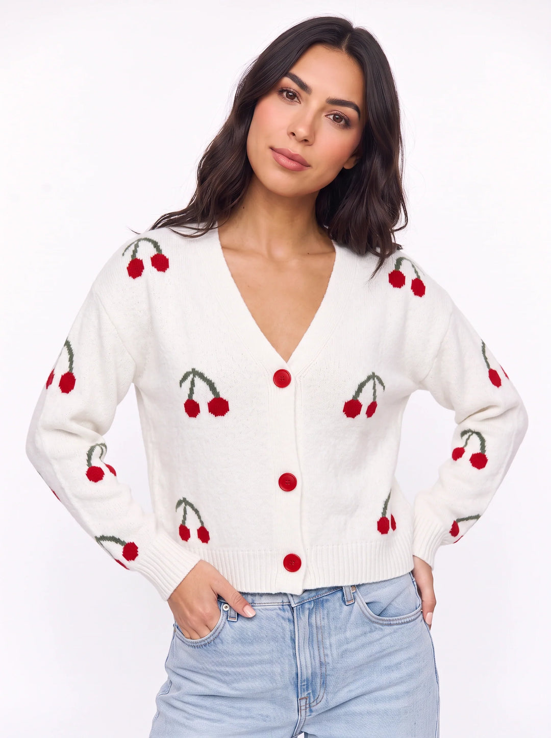Ciglioso Cherry Embroidered Knit Cardigan – V-Neck Button Front Women Sweater Cropped Chunky Knit Cardigan