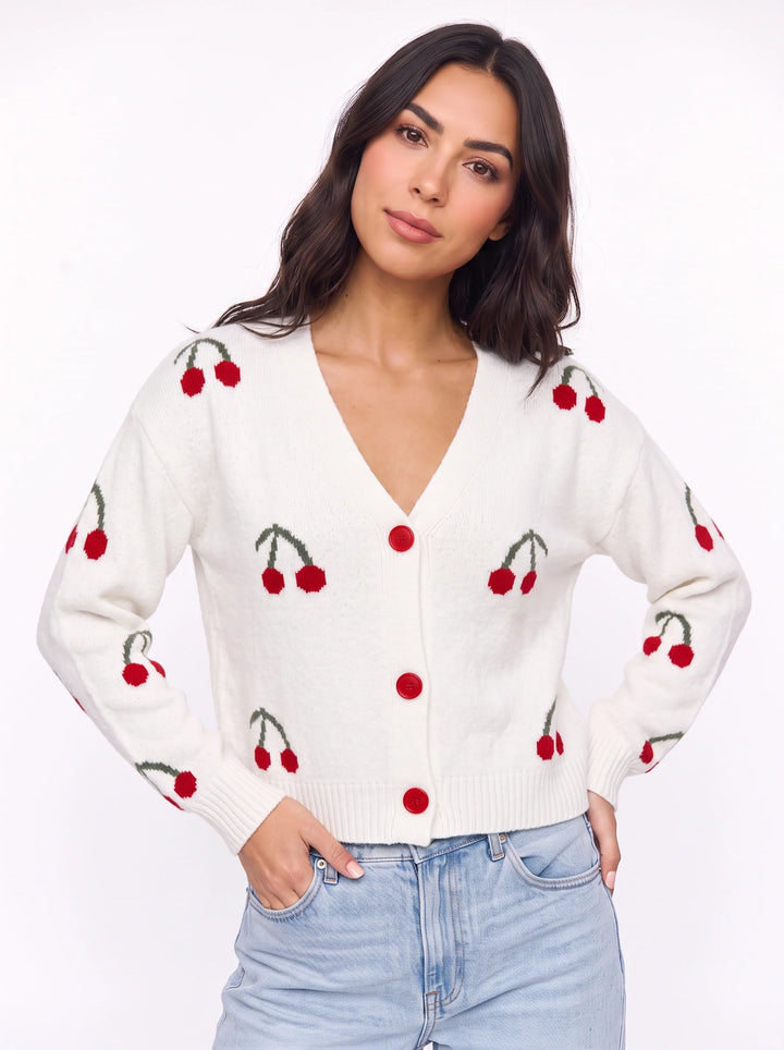 Ciglioso Cherry Embroidered Knit Cardigan – V-Neck Button Front Women Sweater Cropped Chunky Knit Cardigan