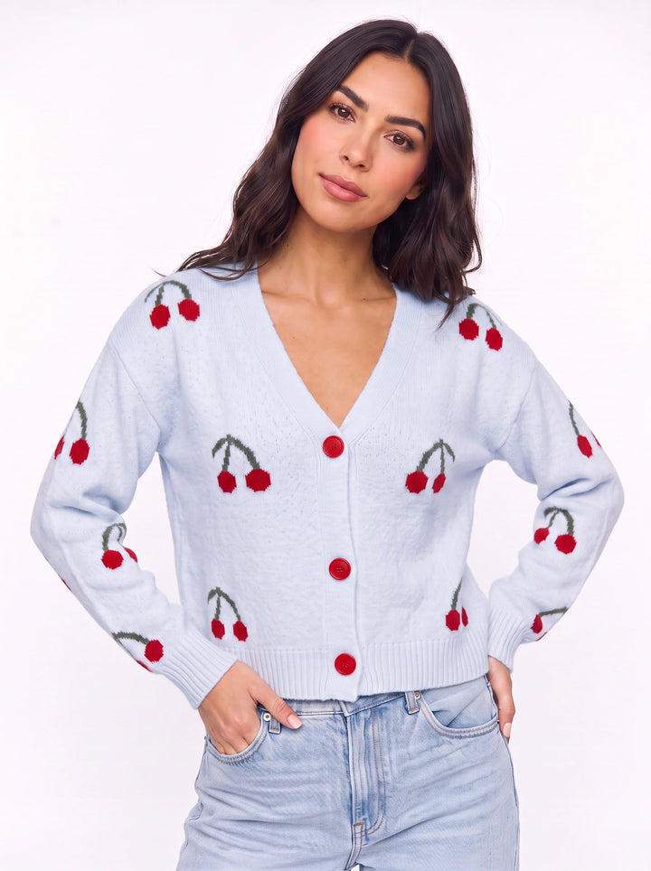 Ciglioso Cherry Embroidered Knit Cardigan – V-Neck Button Front Women Sweater Cropped Chunky Knit Cardigan
