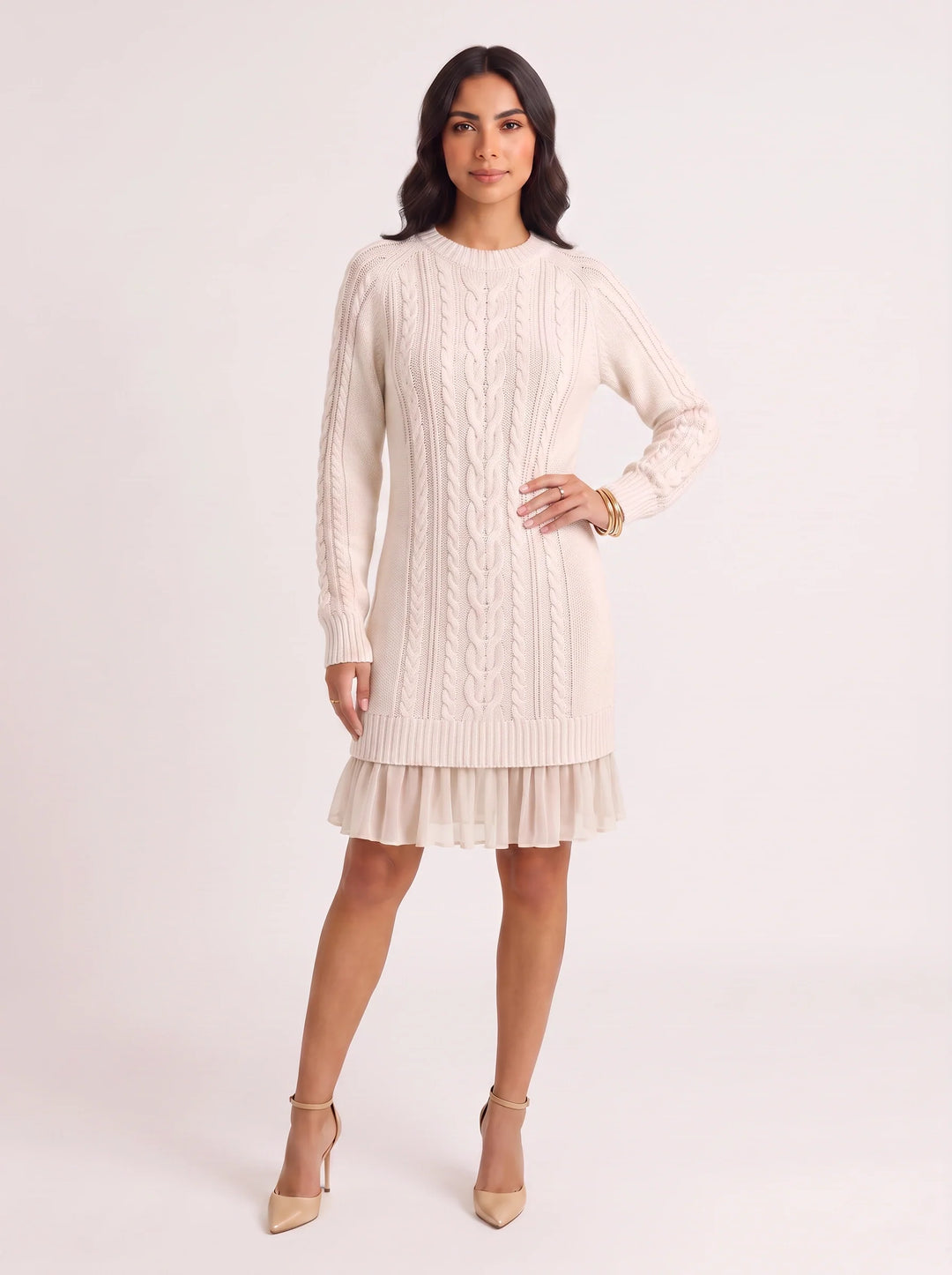 Treccia Cable-Knit Ruffle Hem Mini Dress – Women Sweater Dress Cocktail Party Brunch Long Sleeve Mini Dress