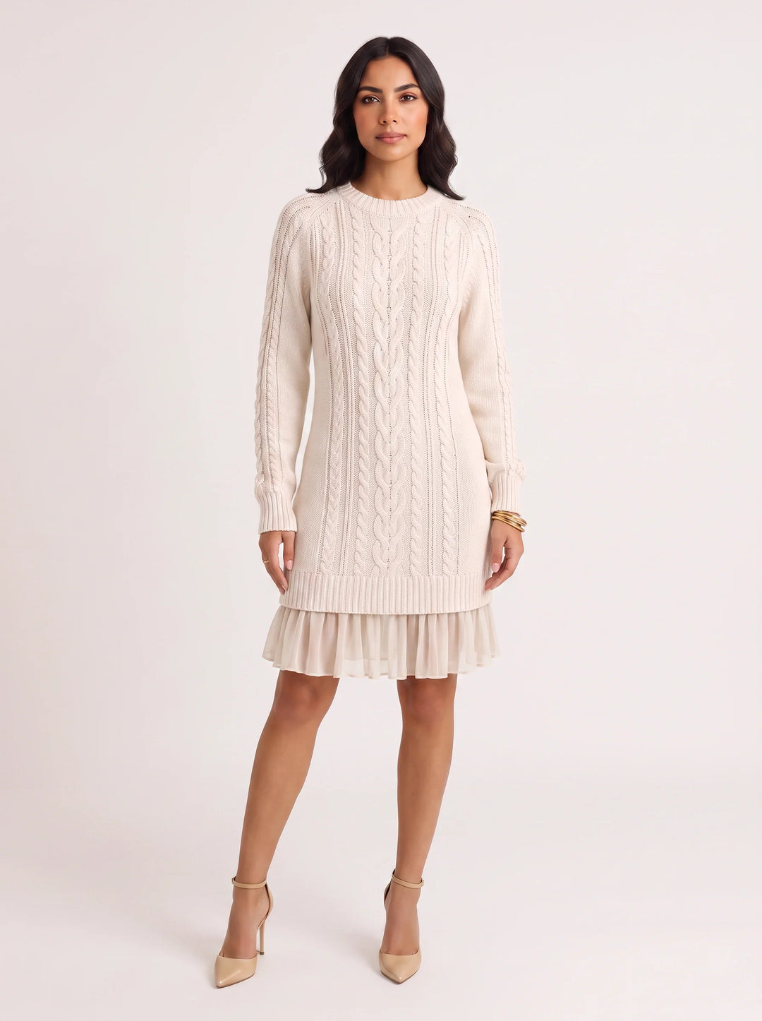 Treccia Cable-Knit Ruffle Hem Mini Dress – Women Sweater Dress Cocktail Party Brunch Long Sleeve Mini Dress