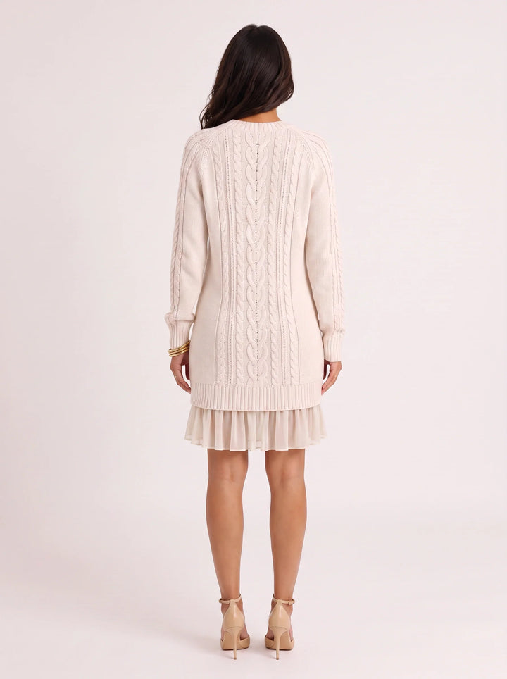 Treccia Cable-Knit Ruffle Hem Mini Dress – Women Sweater Dress Cocktail Party Brunch Long Sleeve Mini Dress