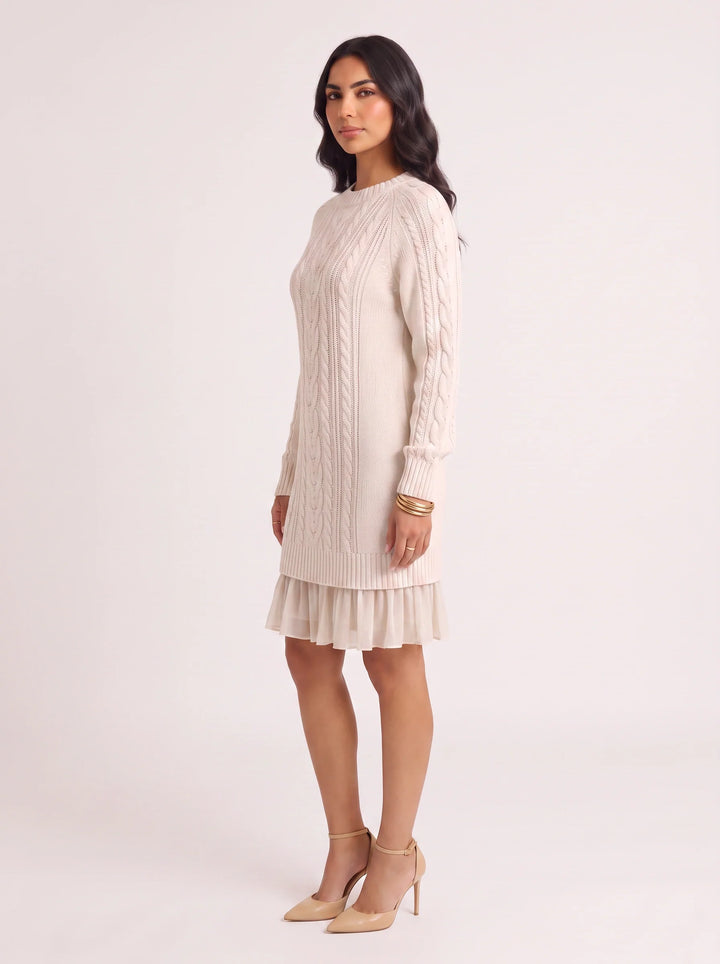 Treccia Cable-Knit Ruffle Hem Mini Dress – Women Sweater Dress Cocktail Party Brunch Long Sleeve Mini Dress
