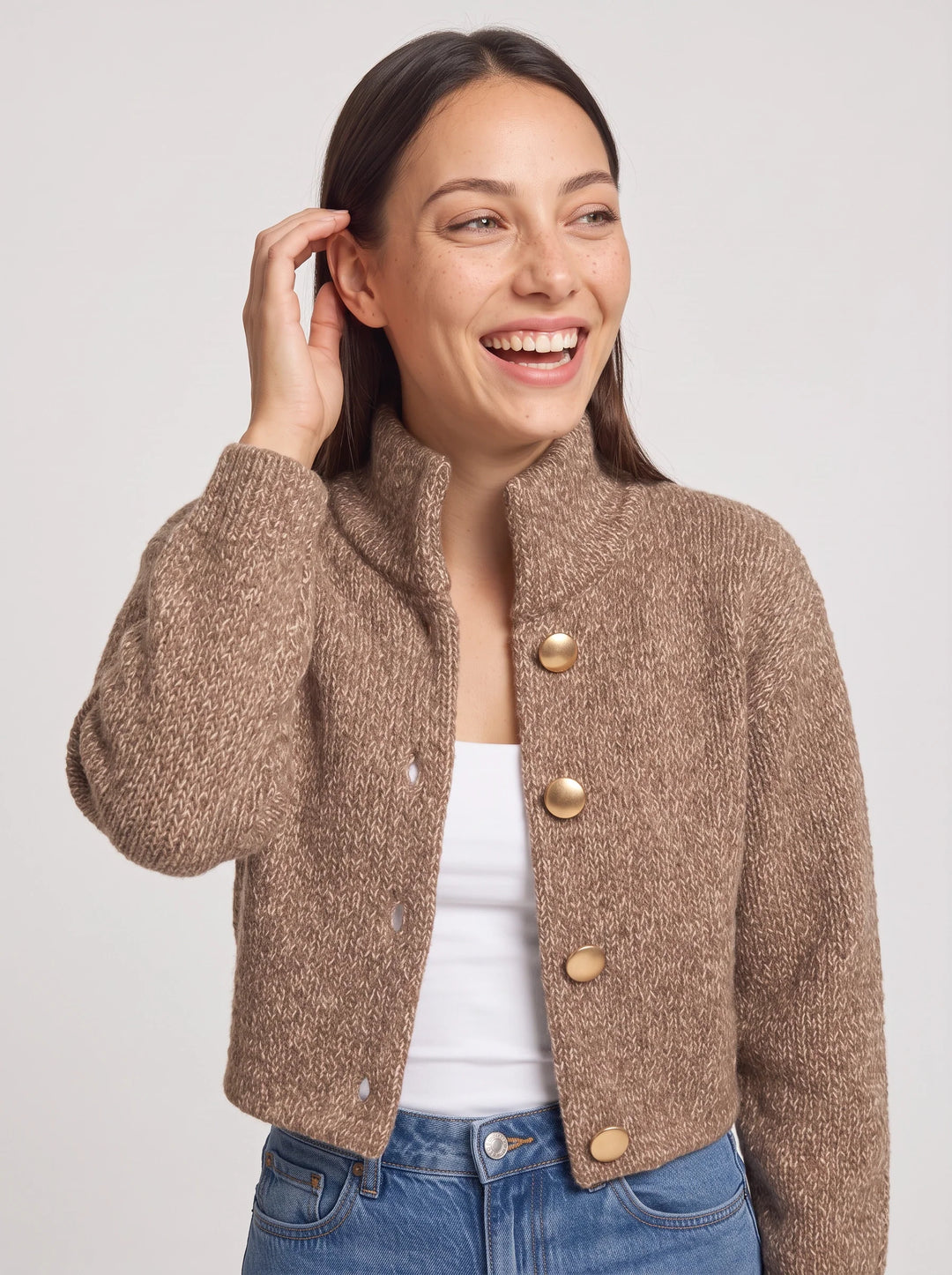 Josephine Textured Knit Crop Jacket – Cropped Wool Cardigan Women Button Up Chunky Cable Knit Cardigan