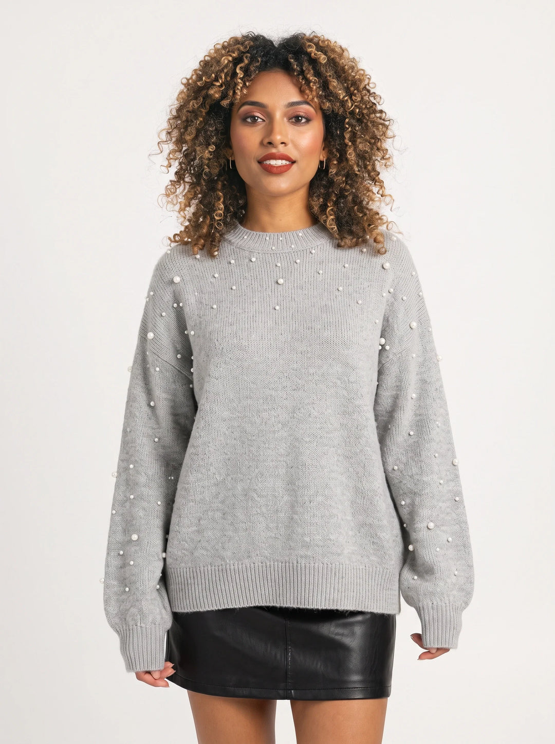 Perline Pearl-Beaded Ribbed Knit Sweater – Women Oversized Pullover Crew Neck Casual Knit Sweater