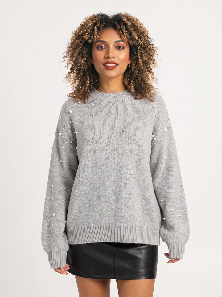 Perline Pearl-Beaded Ribbed Knit Sweater – Women Oversized Pullover Crew Neck Casual Knit Sweater