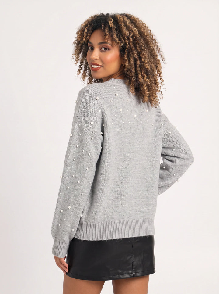 Perline Pearl-Beaded Ribbed Knit Sweater – Women Oversized Pullover Crew Neck Casual Knit Sweater
