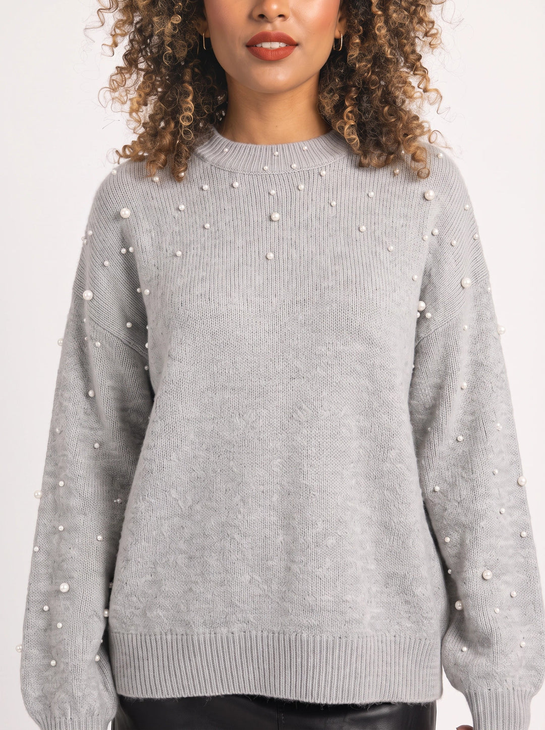 Perline Pearl-Beaded Ribbed Knit Sweater – Women Oversized Pullover Crew Neck Casual Knit Sweater