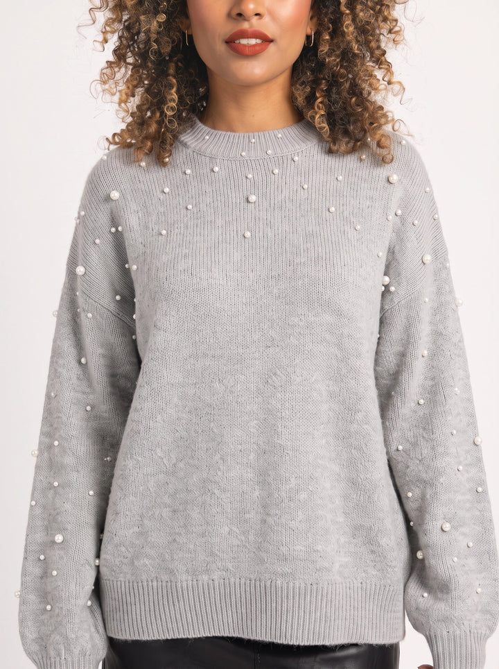 Perline Pearl-Beaded Ribbed Knit Sweater – Women Oversized Pullover Crew Neck Casual Knit Sweater