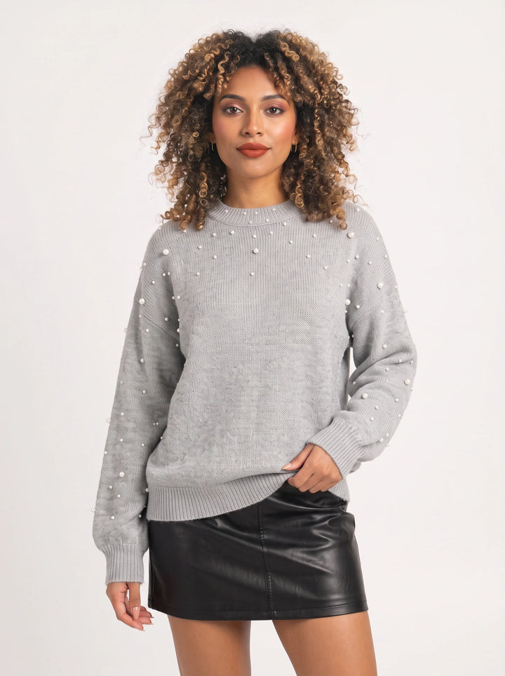 Perline Pearl-Beaded Ribbed Knit Sweater – Women Oversized Pullover Crew Neck Casual Knit Sweater