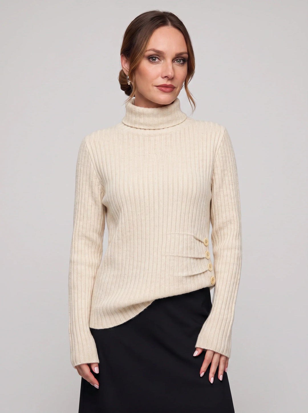 Costali Ribbed Turtleneck Sweater – Women Knit Sweater Button Detail Long Sleeve Warm Pullover Top