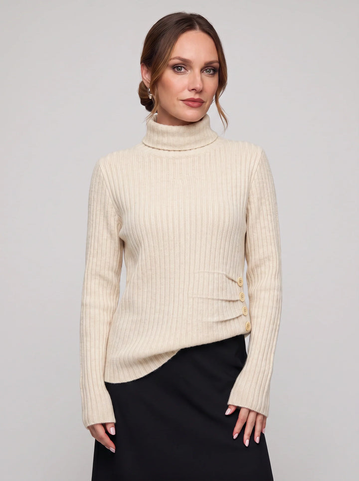 Costali Ribbed Turtleneck Sweater – Women Knit Sweater Button Detail Long Sleeve Warm Pullover Top