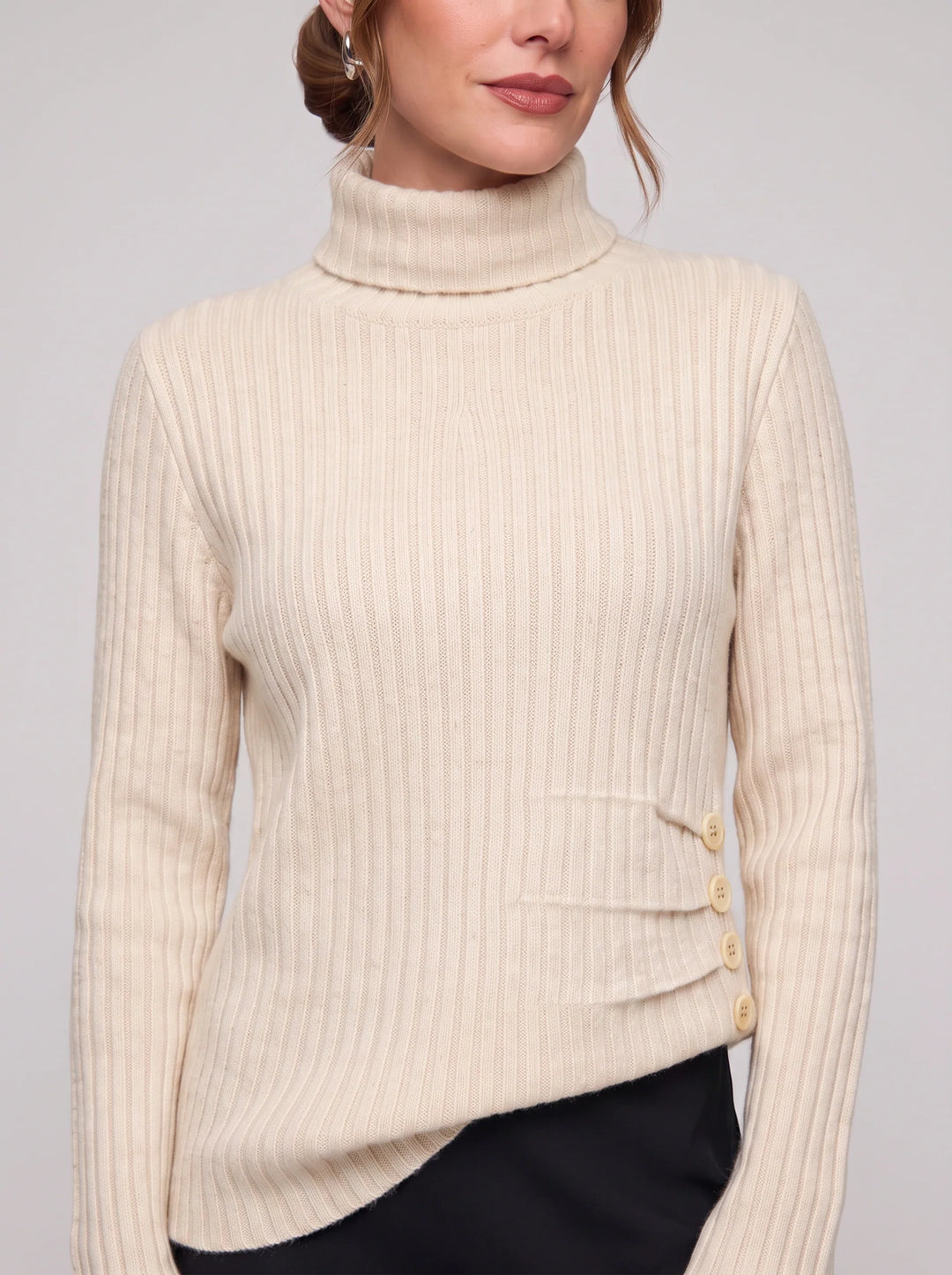 Costali Ribbed Turtleneck Sweater – Women Knit Sweater Button Detail Long Sleeve Warm Pullover Top