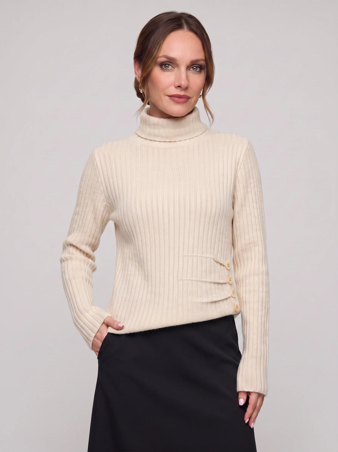Costali Ribbed Turtleneck Sweater – Women Knit Sweater Button Detail Long Sleeve Warm Pullover Top