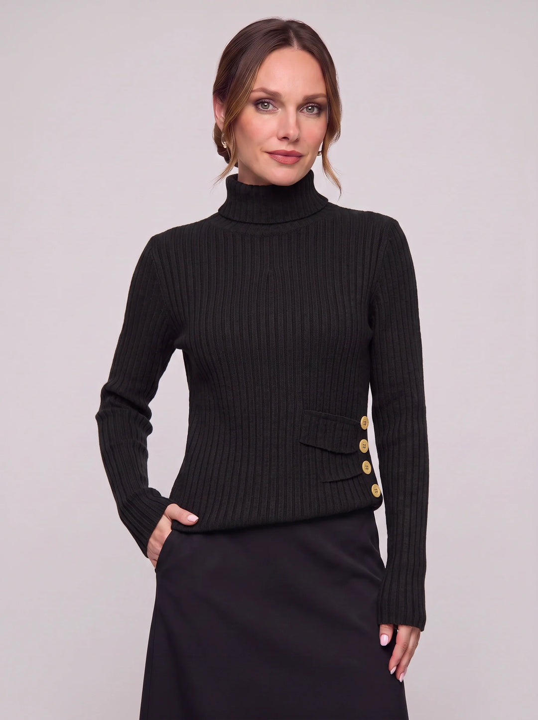 Costali Ribbed Turtleneck Sweater – Women Knit Sweater Button Detail Long Sleeve Warm Pullover Top