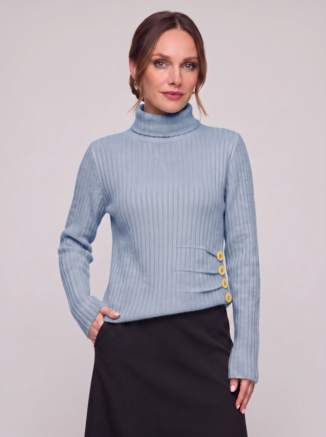 Costali Ribbed Turtleneck Sweater – Women Knit Sweater Button Detail Long Sleeve Warm Pullover Top