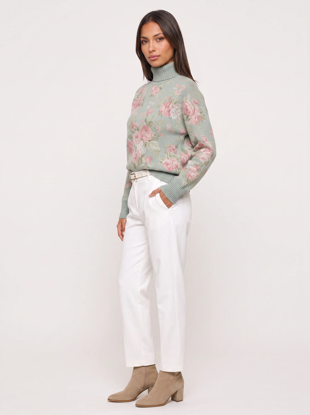 Rosewood Floral Turtleneck Sweater – Women Turtleneck Knit Pullover Casual Vintage Floral Long Sleeve Sweater