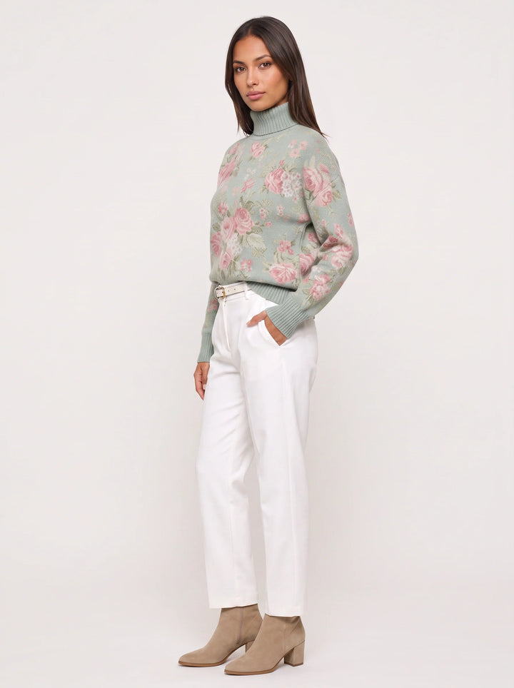 Rosewood Floral Turtleneck Sweater – Women Turtleneck Knit Pullover Casual Vintage Floral Long Sleeve Sweater