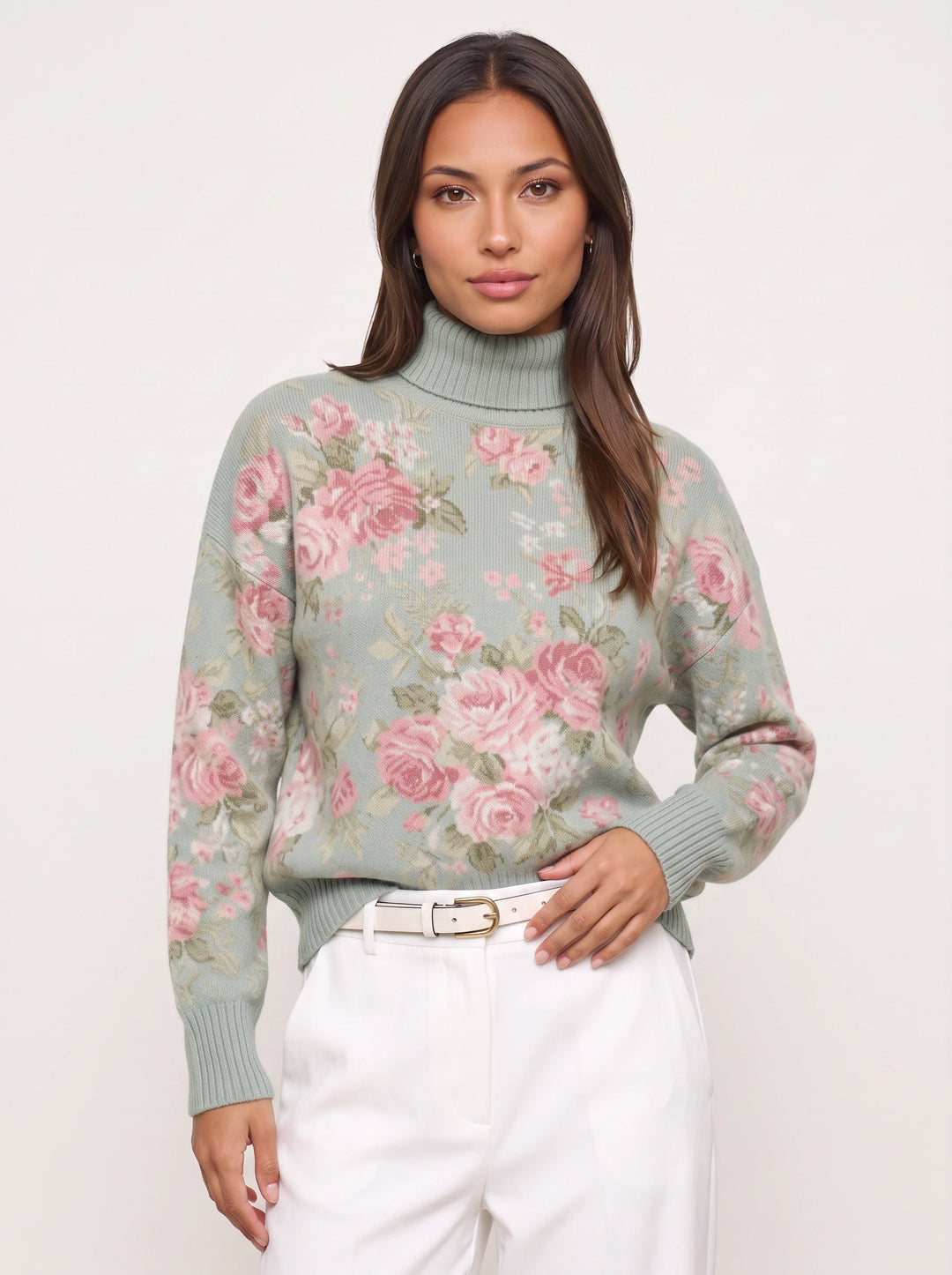 Rosewood Floral Turtleneck Sweater – Women Turtleneck Knit Pullover Casual Vintage Floral Long Sleeve Sweater