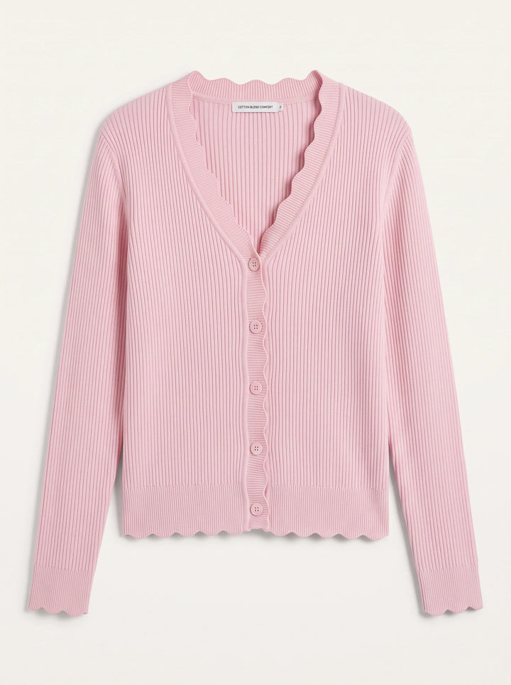 Ondabrim Scallop Edge Ribbed Cardigan – Button Front Knit Women Casual Fitted Sweater Top