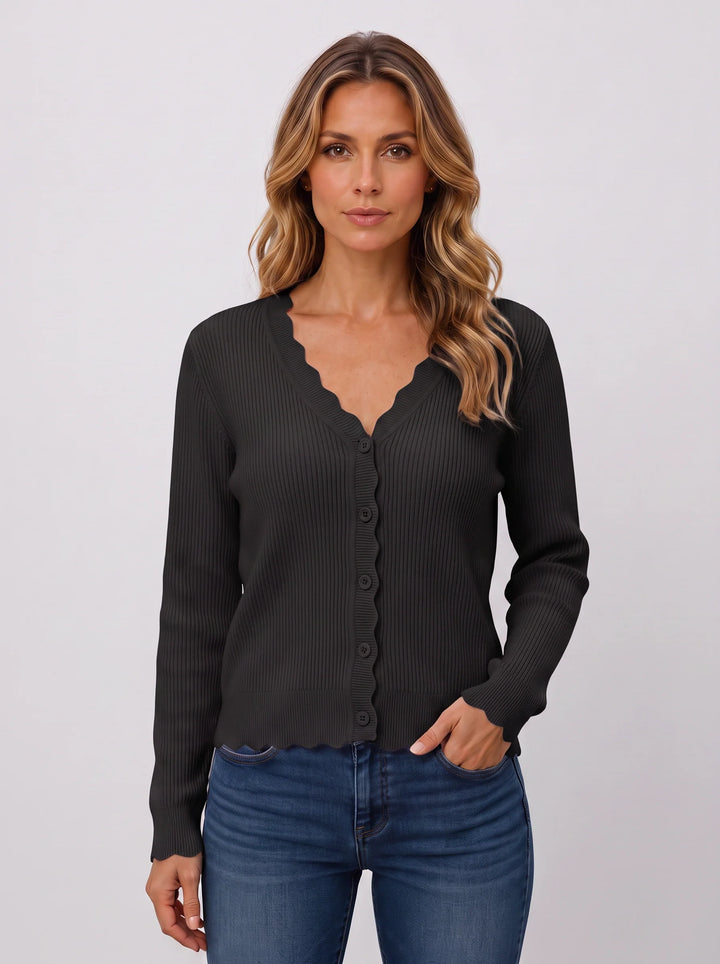 Ondabrim Scallop Edge Ribbed Cardigan – Button Front Knit Women Casual Fitted Sweater Top