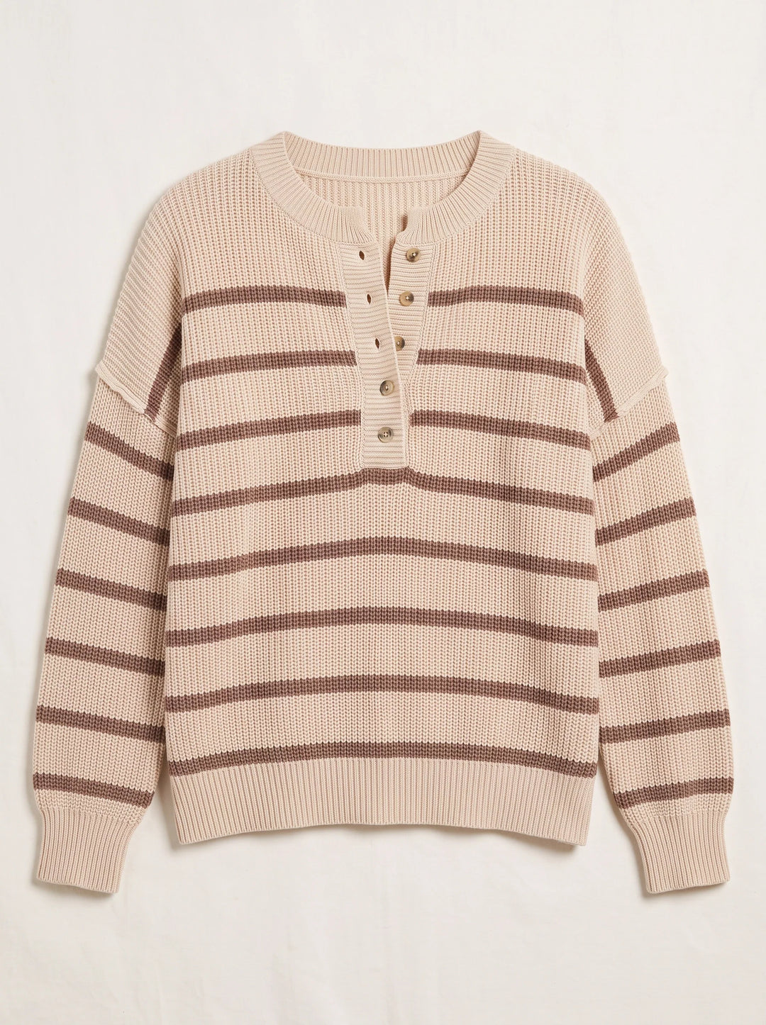 Riven Striped Henley Pullover Sweater – Chunky Knit Women Casual Oversized Button Pullover Top