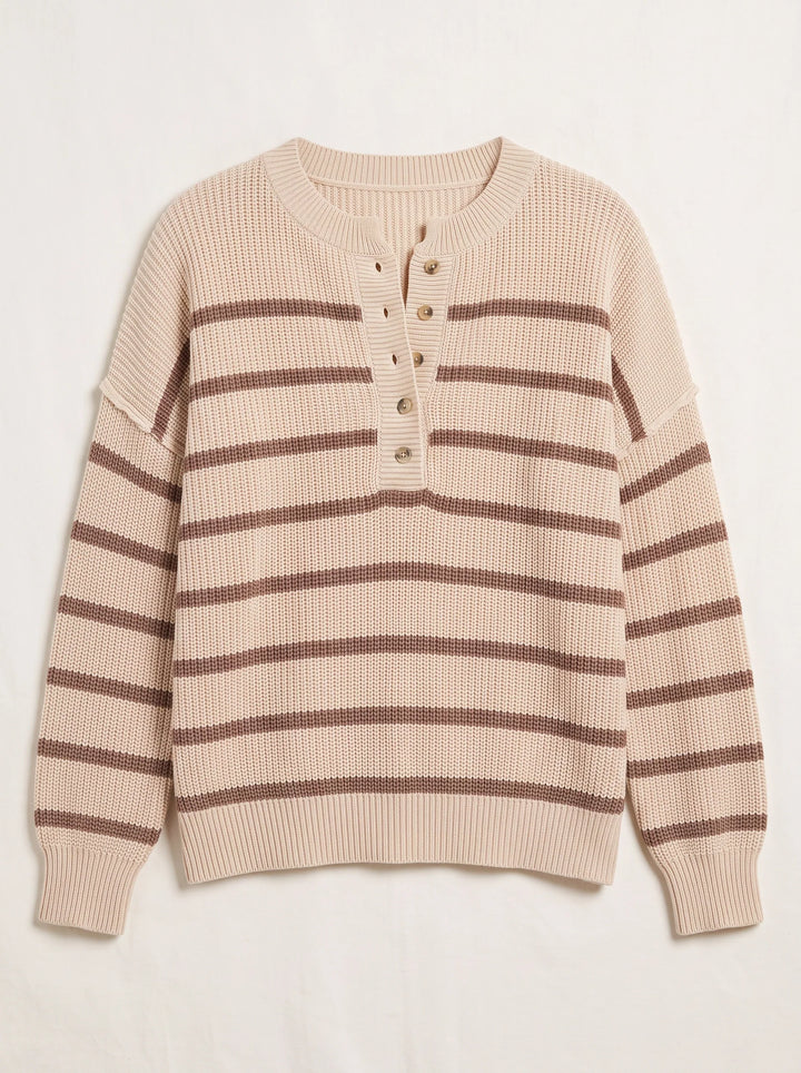 Riven Striped Henley Pullover Sweater – Chunky Knit Women Casual Oversized Button Pullover Top