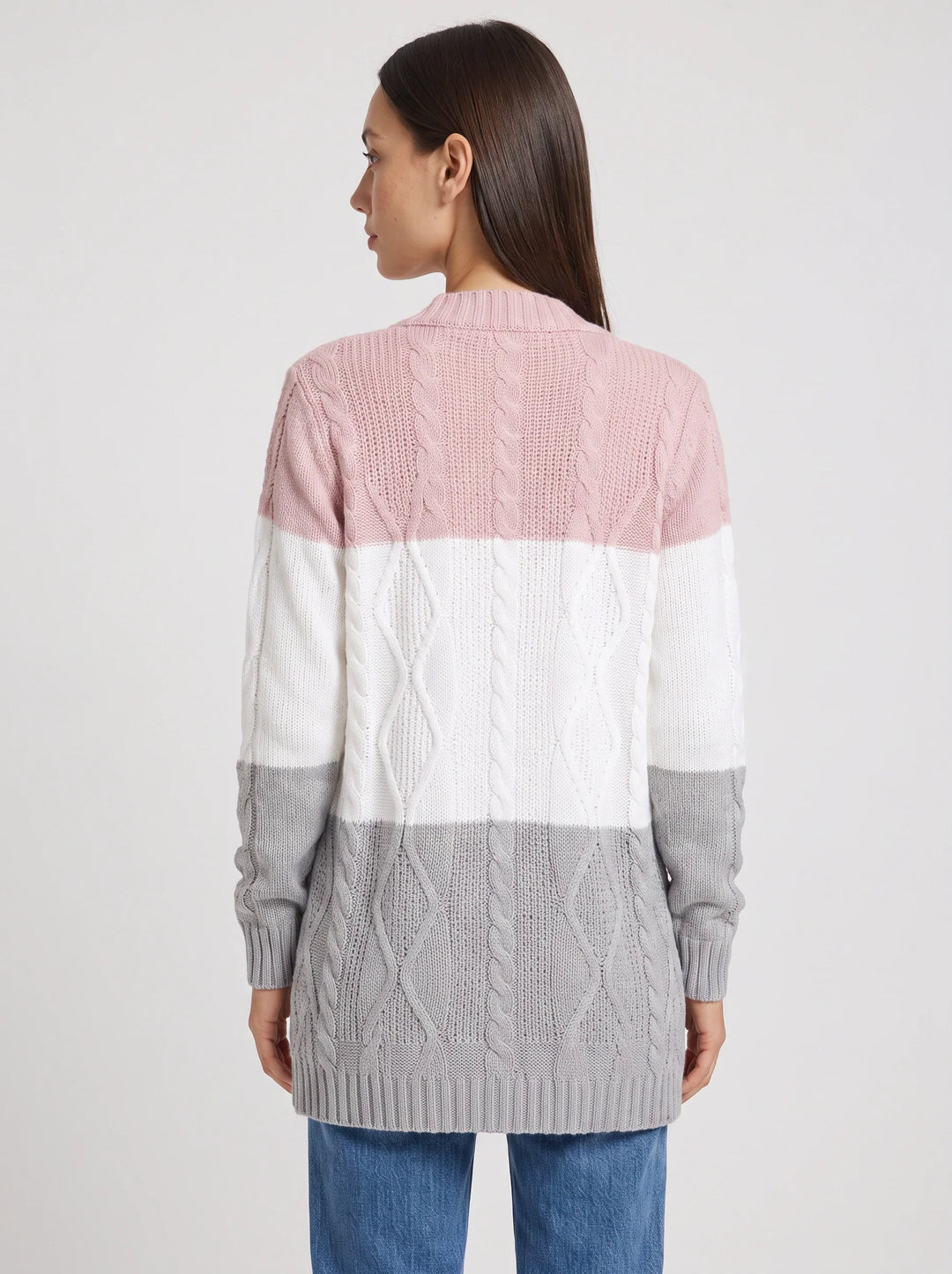Tribloc Cable-Knit Longline Cardigan – Women Button-Front Colorblock Striped Knit Sweater Casual Winter
