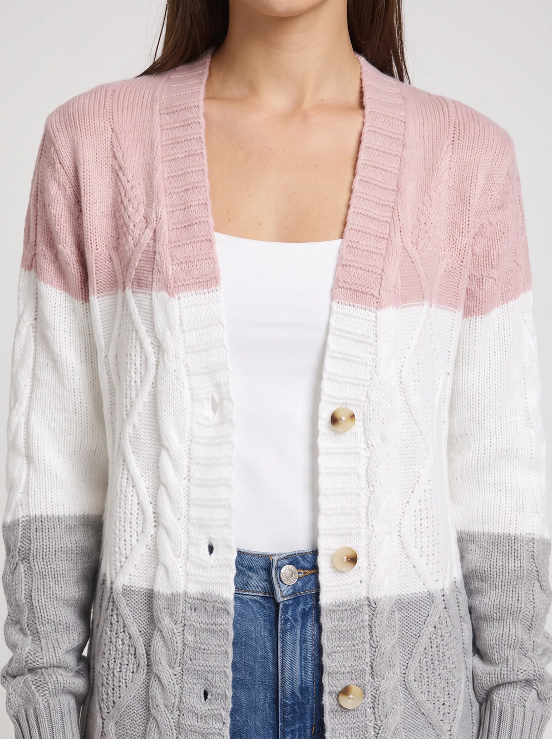 Tribloc Cable-Knit Longline Cardigan – Women Button-Front Colorblock Striped Knit Sweater Casual Winter