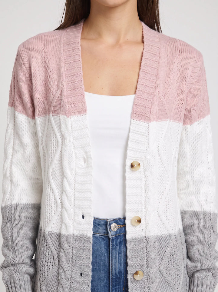 Tribloc Cable-Knit Longline Cardigan – Women Button-Front Colorblock Striped Knit Sweater Casual Winter