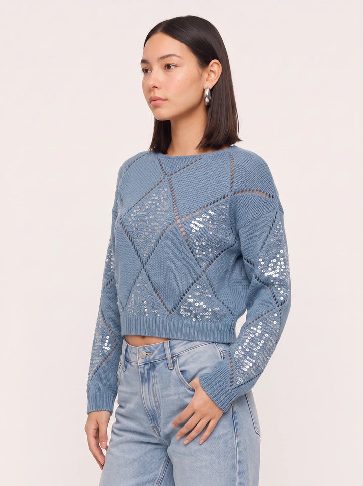 Rombiglam Sequin Diamond Knit Crop Sweater – Women Embellished Jumper Argyle Party Holiday Chunky Knit Top