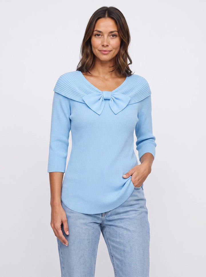 Fiocarra Ribbed Collar Bow Top – Women Knit Sweater Detachable Collar Three Quarter Sleeve Winter Top