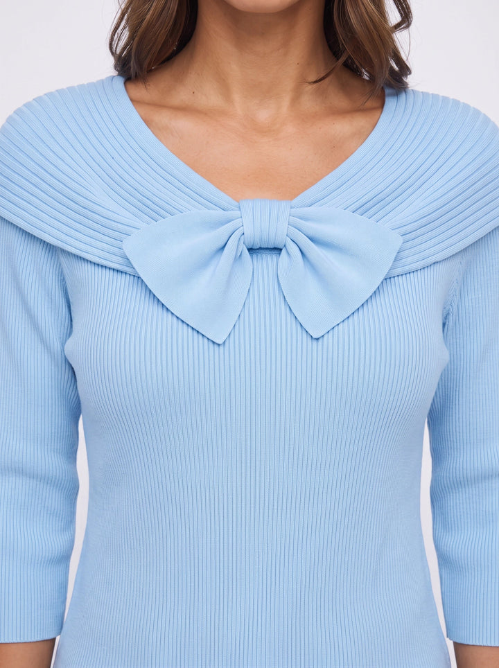Fiocarra Ribbed Collar Bow Top – Women Knit Sweater Detachable Collar Three Quarter Sleeve Winter Top