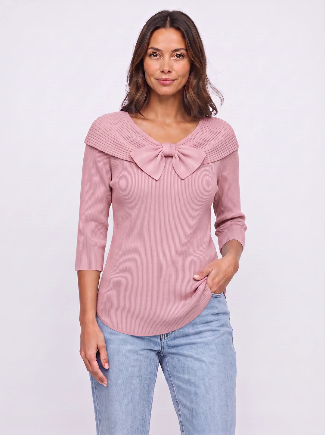 Fiocarra Ribbed Collar Bow Top – Women Knit Sweater Detachable Collar Three Quarter Sleeve Winter Top