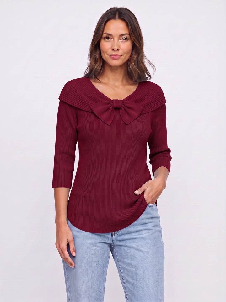 Fiocarra Ribbed Collar Bow Top – Women Knit Sweater Detachable Collar Three Quarter Sleeve Winter Top