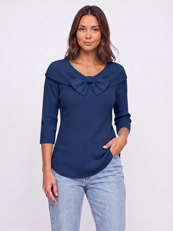 Fiocarra Ribbed Collar Bow Top – Women Knit Sweater Detachable Collar Three Quarter Sleeve Winter Top