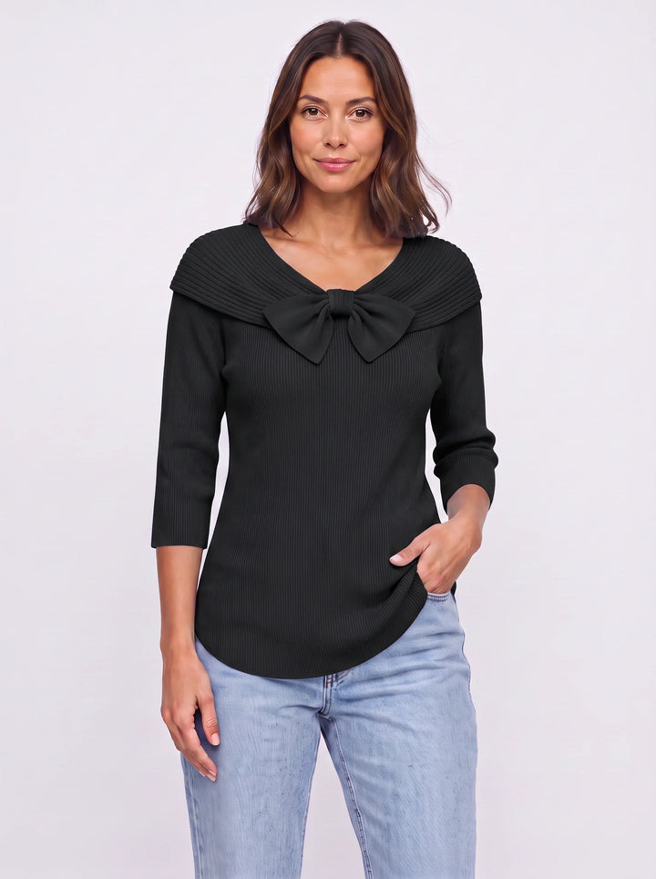Fiocarra Ribbed Collar Bow Top – Women Knit Sweater Detachable Collar Three Quarter Sleeve Winter Top