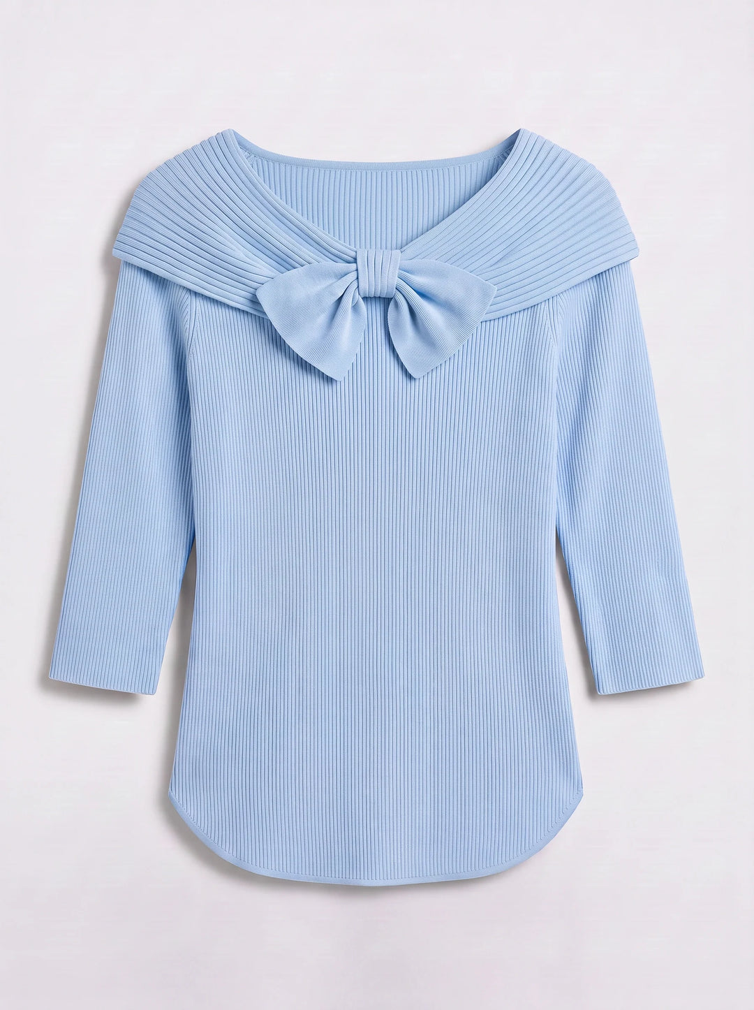 Fiocarra Ribbed Collar Bow Top – Women Knit Sweater Detachable Collar Three Quarter Sleeve Winter Top