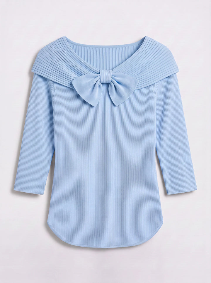 Fiocarra Ribbed Collar Bow Top – Women Knit Sweater Detachable Collar Three Quarter Sleeve Winter Top