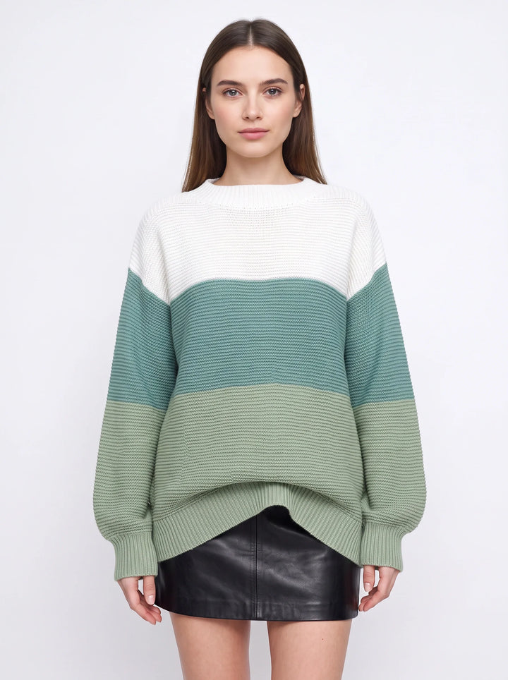 Tripla Oversized Colorblock Knit Sweater – Ribbed Crew Neck Women Casual Loungewear Pullover Sweater