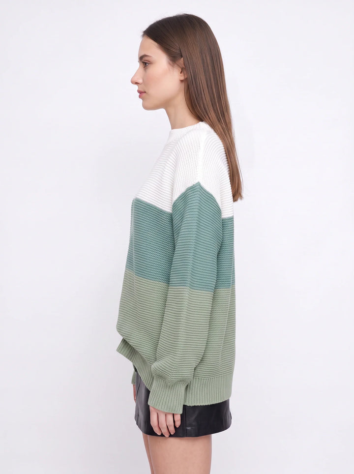 Tripla Oversized Colorblock Knit Sweater – Ribbed Crew Neck Women Casual Loungewear Pullover Sweater