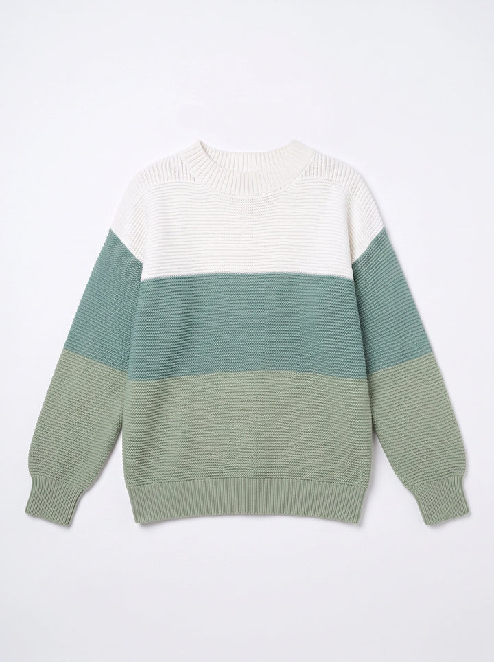 Tripla Oversized Colorblock Knit Sweater – Ribbed Crew Neck Women Casual Loungewear Pullover Sweater