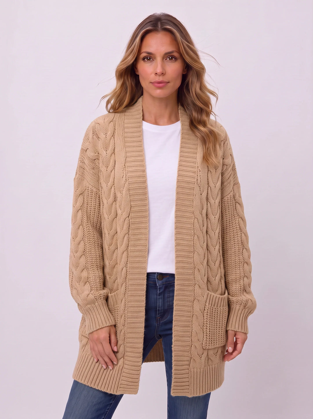 Treccia Open-Front Cable Knit Longline Cardigan – Women Sweater Oversized Cozy Winter Casual Layering Knit Cardigan