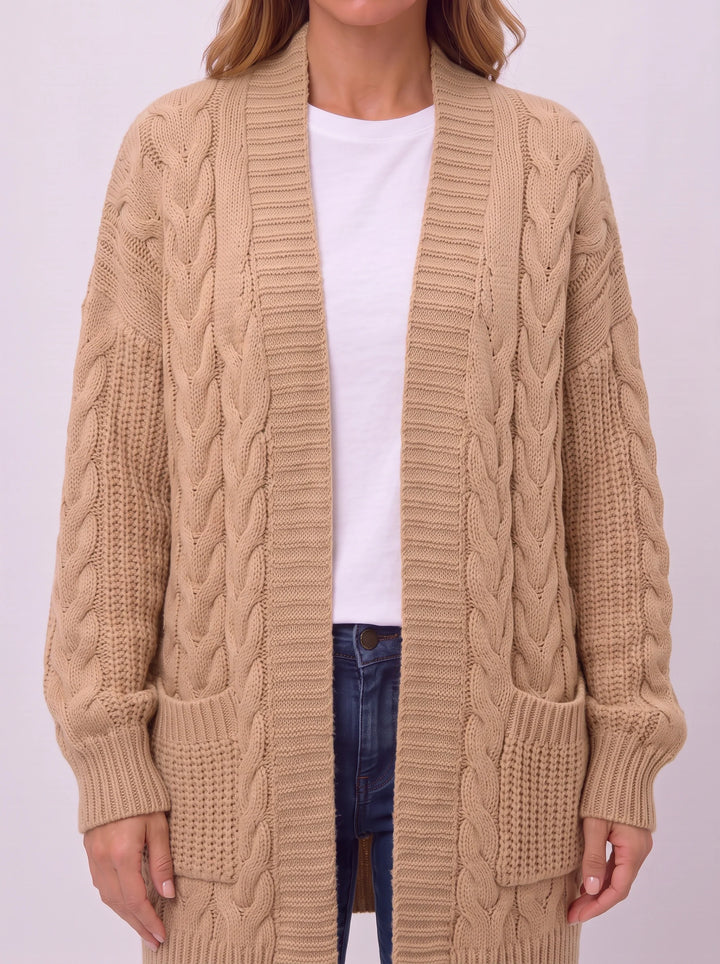 Treccia Open-Front Cable Knit Longline Cardigan – Women Sweater Oversized Cozy Winter Casual Layering Knit Cardigan