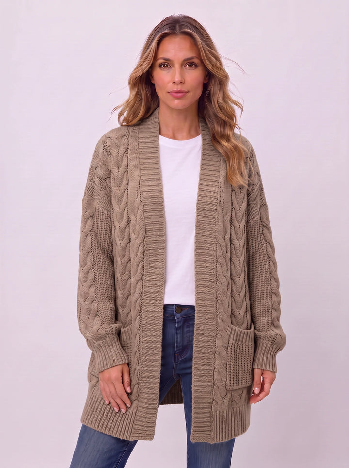 Treccia Open-Front Cable Knit Longline Cardigan – Women Sweater Oversized Cozy Winter Casual Layering Knit Cardigan