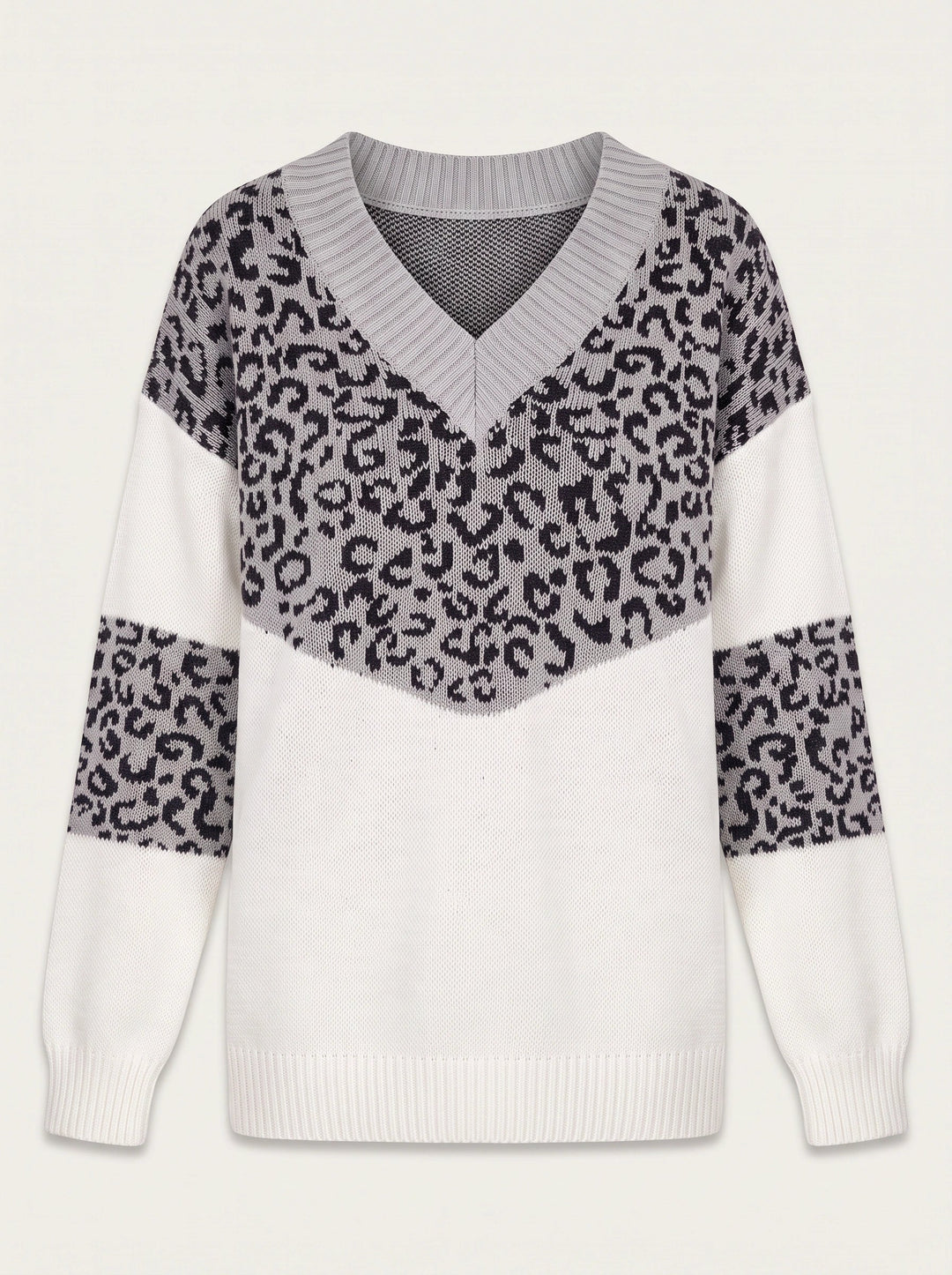 Leopari V-Neck Leopard Print Sweater – Oversized Knit Sweater Women Casual Pullover Animal Print Top